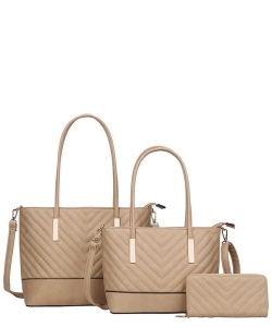 3in1 Plain V Stitching Tote Bag With Matching Bag And Wallet Set BN-CC-8557-S STONE